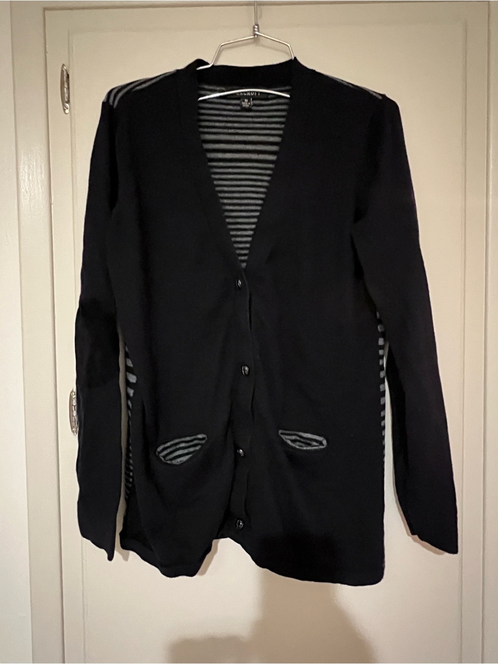 Foxcroft medium Black womens  V-Neck Button Cardigan gray stripes